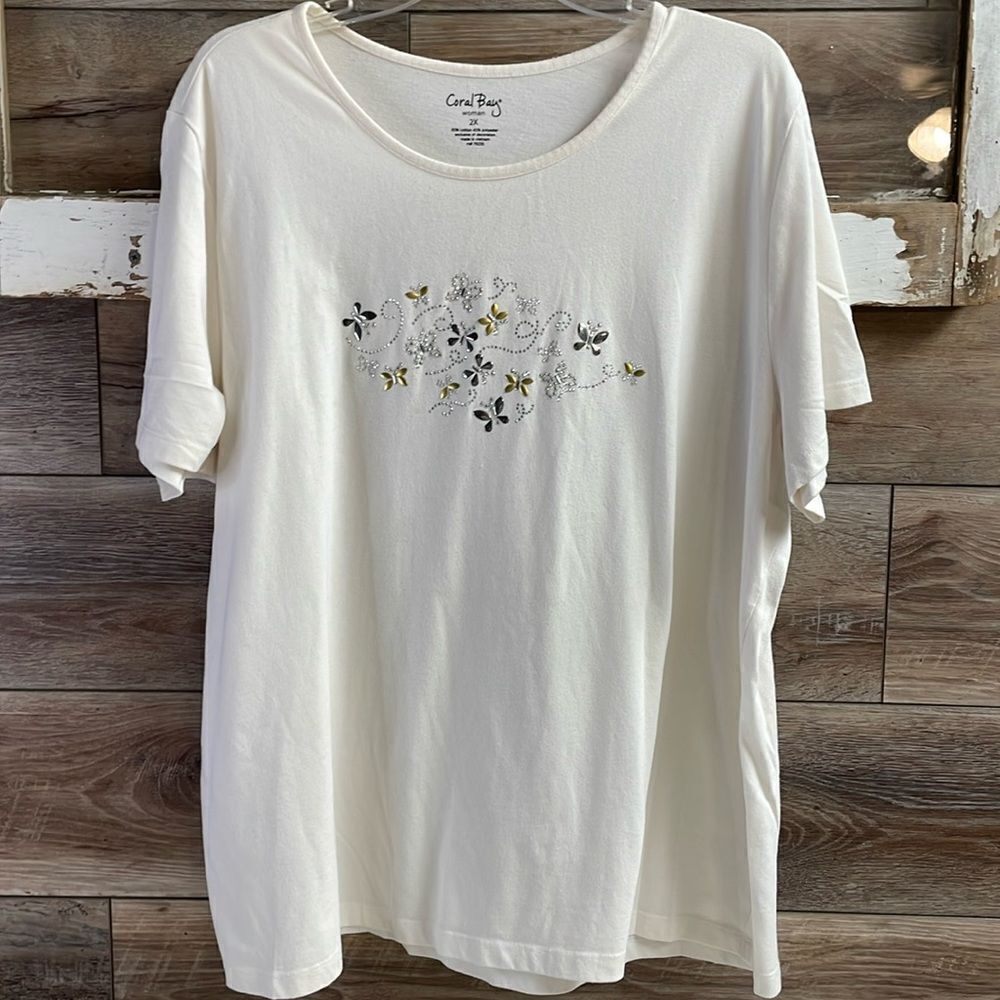 Coral Bay Plus Size Women Casual White Butterfly Embellished Top, Size 2X, White